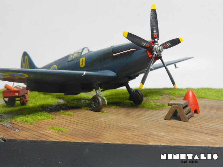 Close up right front view of the Airfix 1/48 Spitfire PR XIX / Spitfire S.31 in Swedish Air force colours. sideprop