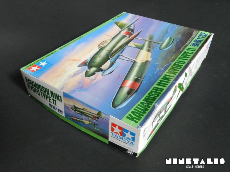 A side view of the boxing of Tamiya's kit number 61036 Kawanishi N1K1 Kyofu Type 11. floatN1K1-boxside
