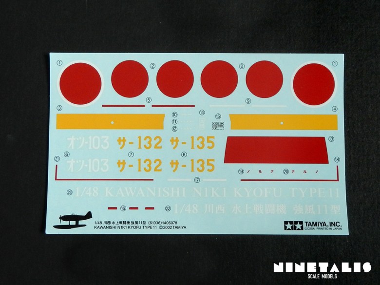 An overview of the decal sheet in Tamiya's kit number 61036 Kawanishi N1K1 Kyofu Type 11. floatN1K1-decals