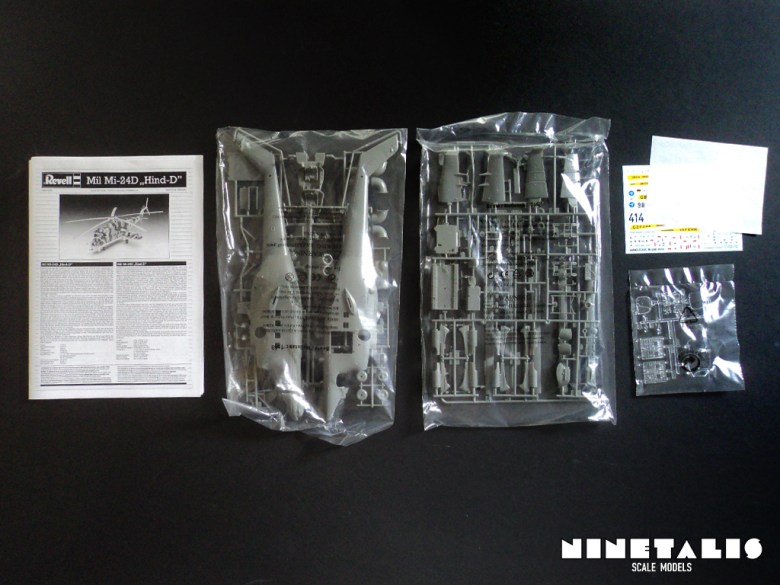 The contents of Revell's kit number 04942 Mil Mi-24D 'Hind-D' layed out. Hind-contents