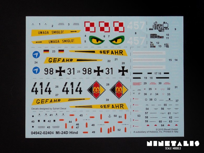 An overview of the decal sheet in Revell's kit number 04942 Mil Mi-24D 'Hind-D' Hind-decal