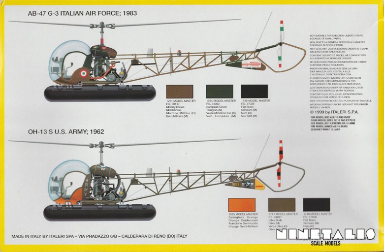 The Italian and US Army markings on the back of the Italeri OH-13/AB-47 Coast Guard kit 859 boxing.
