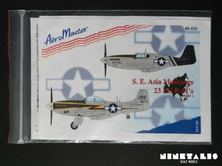 The packaging of the Aeromaster 1:48 S.E. Asia Mustangs 23 FG P-51's part 2 decal sheet.