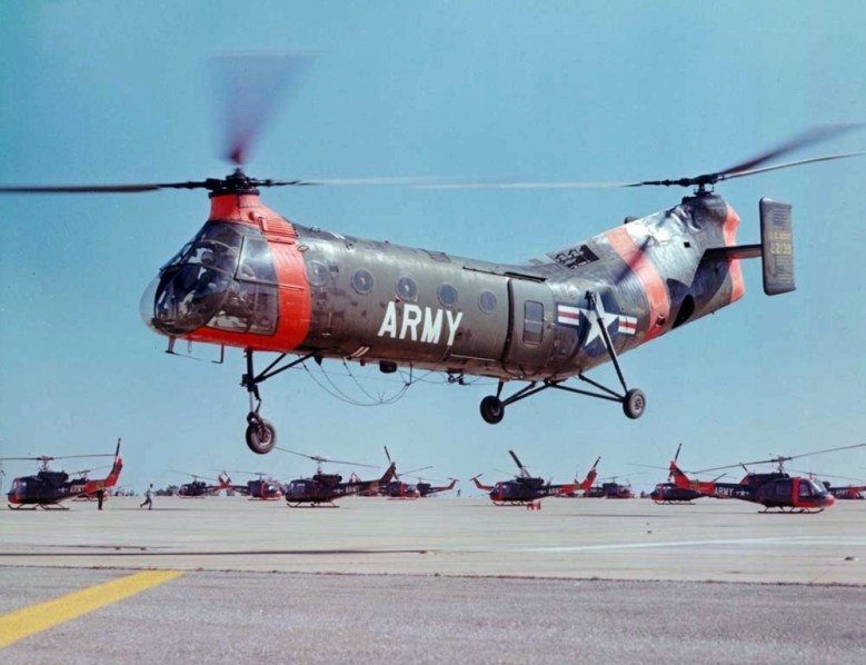 A U.S. Army Vertol CH-21C Shawnee (s/n 56-2133) in flight. Photograph is part of the Public Domain. ch-21c_shawnee_us_army_in_flight