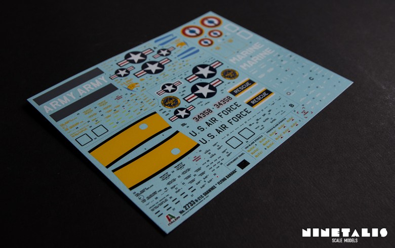 Side view of the decal sheet found within the Italeri H-21C Shawnee "Flying Banana" kit number 2733. r-italeri-h-21c-decalsside