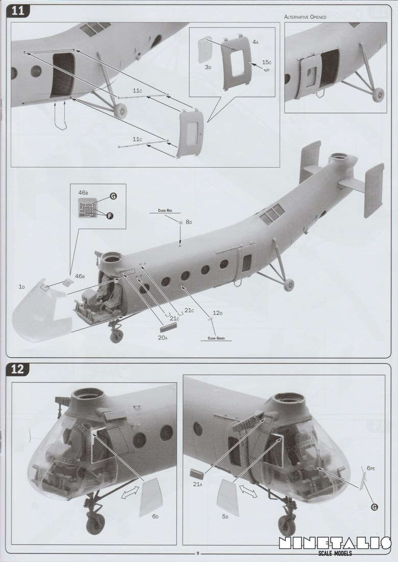 An example of the instruction steps 11 and 12 within the Italeri H-21C Shawnee "Flying Banana" kit number 2733. r-italeri-h-21c-instructions2