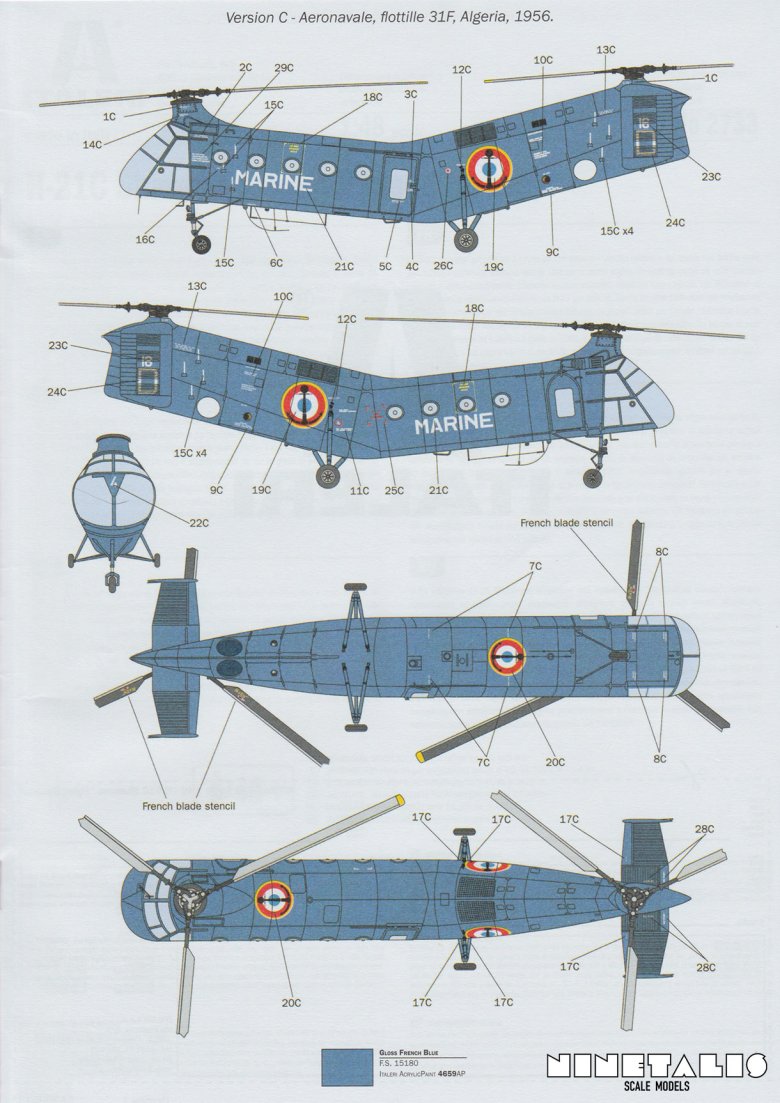 The markings options found within the Italeri H-21C Shawnee "Flying Banana" kit number 2733. The third and final is a French Navy machine serving with the 31 Flotilla, based in Algeria during 1956. r-italeri-h-21c-markings3