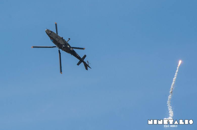The Belgian Agusta 109 Display aircraft using its flaring during the THPU Spottersday in 2016.